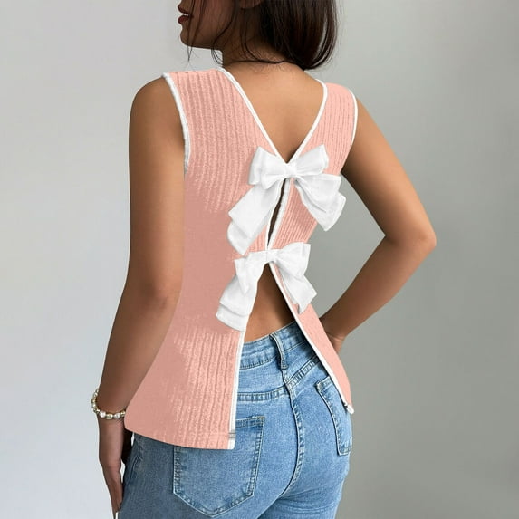 Camisole Tops for Women Bowknot Backless Crewneck Shirt Sleeveless Color Block Cute Summer Trendy Going Out Tank Tops