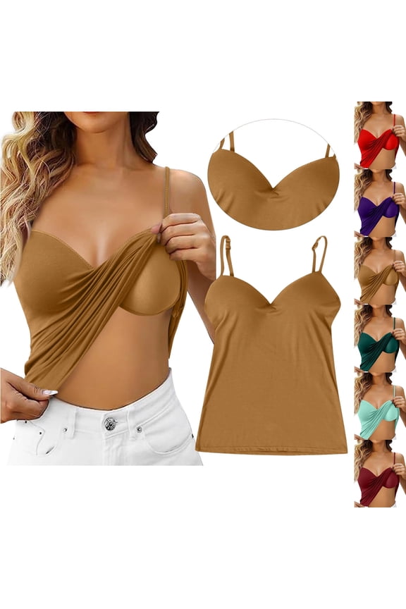 Camisole Tops for Women Built in Bra Tank Tops for Women 2025 Bras No Underwire Yoga Tops Workout Sports Padded Cami Light Brown 4XL