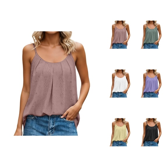 Camisole Tops for Women Casual Loose Eyelet Front Pleated Scoop Neck Spaghetti Strap Cami Tank Tops Summer Outfits