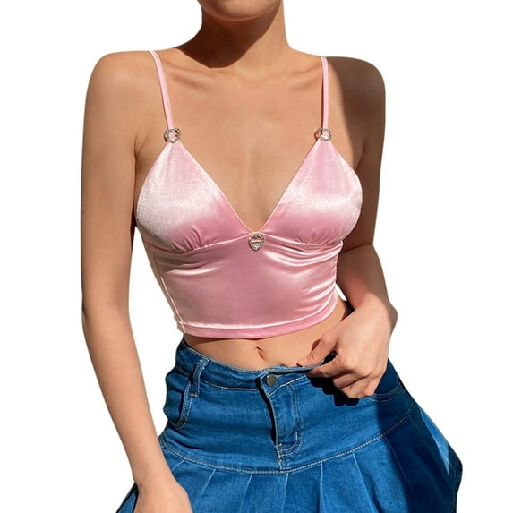 Camisole Tops for Women,Cute Camisole Fashion Rhinestone Backless V Neck Short Camisole Top,Womens Tops,S,Z01 Pink