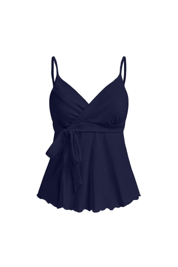 Camisole Tops for Women Deep V Neck Y2k Flowy Peplum Hem Ruffle Adjustable Spaghetti Strap Ruched Cami Shirt Navy 2XL