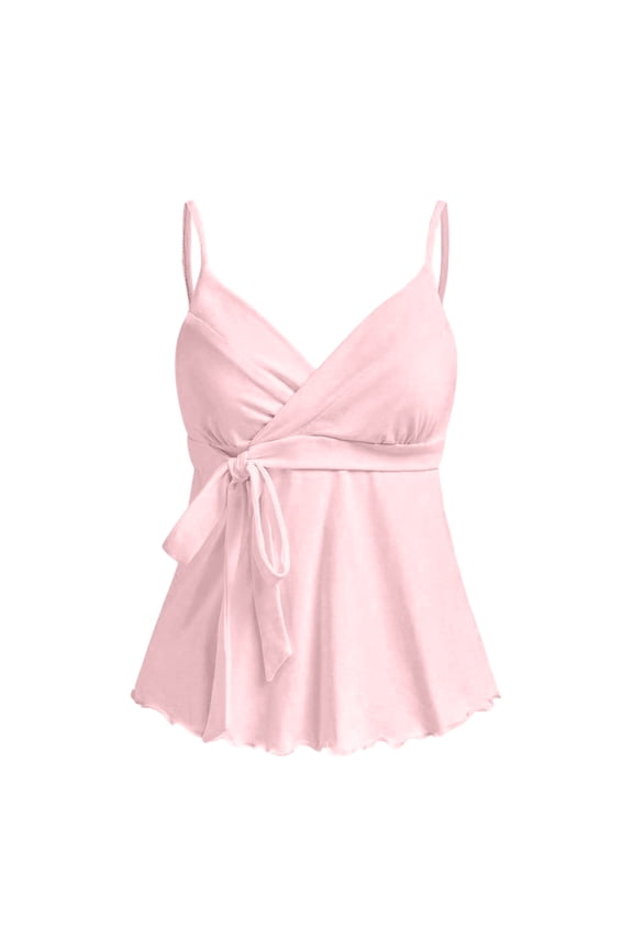 Camisole Tops for Women Deep V Neck Y2k Flowy Peplum Hem Ruffle Adjustable Spaghetti Strap Ruched Cami Shirt Pink L