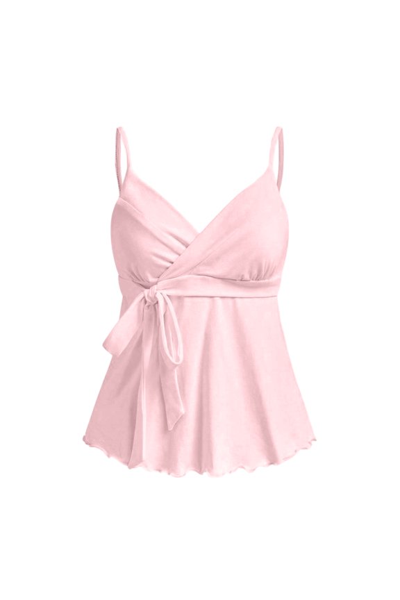 Camisole Tops for Women Deep V Neck Y2k Flowy Peplum Hem Ruffle Adjustable Spaghetti Strap Ruched Cami Shirt Pink M