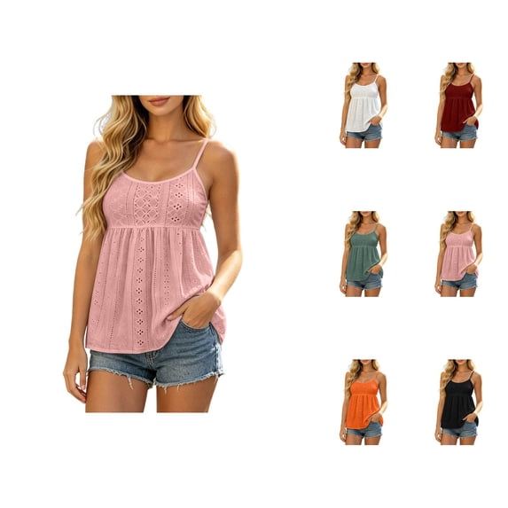 Camisole Tops for Women Eyelet Embroidery Spaghetti Strap Empire Waist Sleeveless Peplum Summer Casual Tank Tops