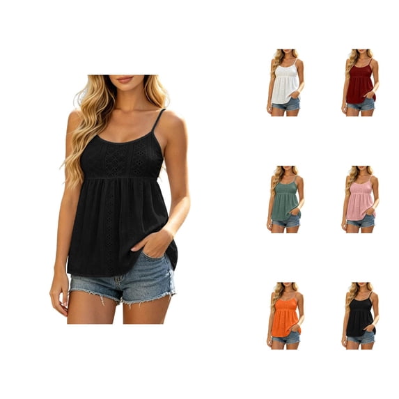 Camisole Tops for Women Eyelet Embroidery Spaghetti Strap Empire Waist Sleeveless Peplum Summer Casual Tank Tops