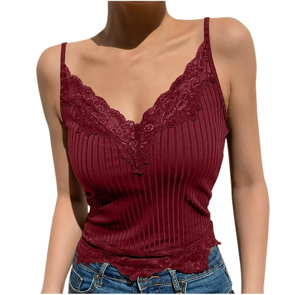 Camisole Tops for Women Lace Cami Soft Comfy Slim-Fit Ribbed Knitted Tank Tops Spaghetti Strap Undershirts