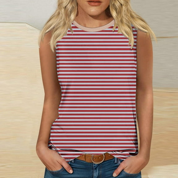 Camisole Tops for Women Loose Fit Tank Tops Round Neck Sleeveless Basic T-Shirts Strip Dressy Casual Business Cami Blouses Vest