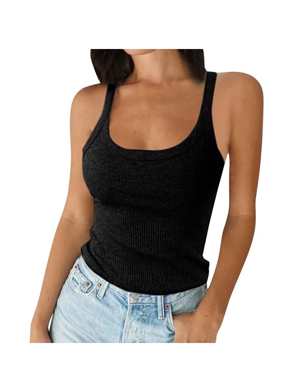 Camisole Tops for Women Ribbed U-Neck Tank Tops for Women Stretchy Knit Slim Breathable Womens Camisole Tank Tops Layering Casual L Black