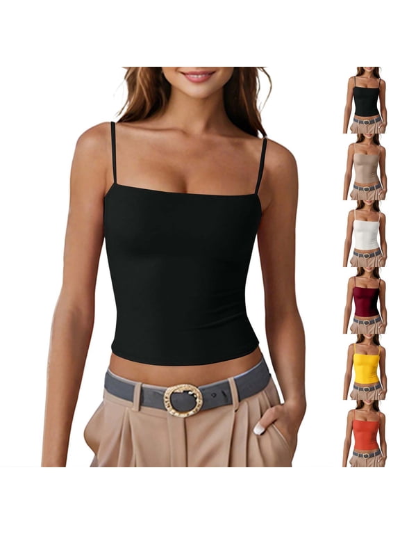 Camisole Tops for Women Sleeveless Adjustable Spaghetti Strap Basic Tank Y2k Cropped Tees Summer Clothes (2XL, Black)