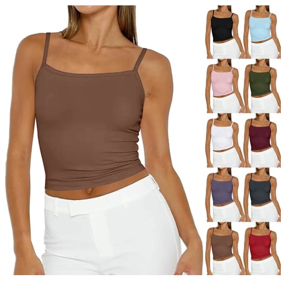 Camisole Tops for Women Sleeveless Adjustable Spaghetti Strap Tank Tops Y2K Basic Shirts Light Brown XL