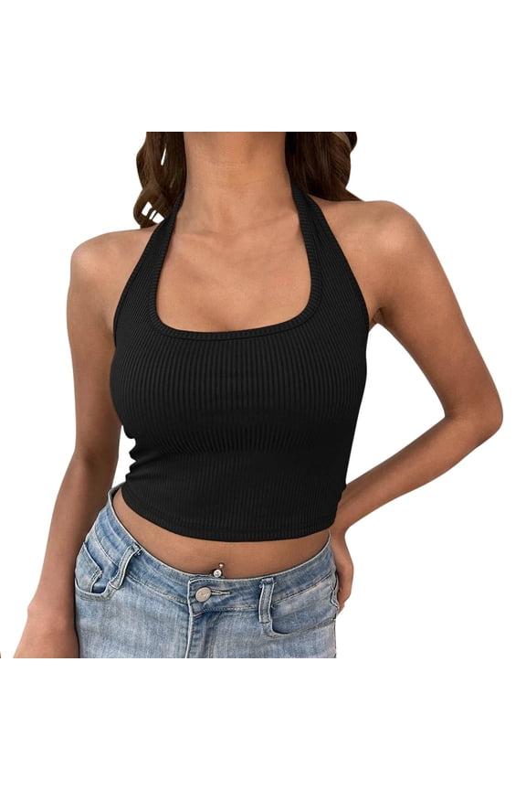 Camisole Tops for Women Solid Rib Halter Neck Backless Crop Suspender Tops Sleeveless Blouses for Women