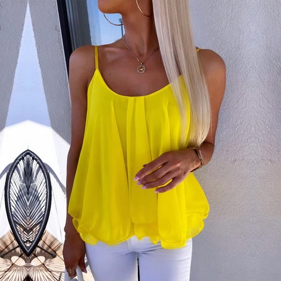 Camisole Tops for Women Summer Chiffon Scoop Neck Tank Tops Adjustable Spaghetti Strap Sleeveless Beach Loose Layered Flowy Tops
