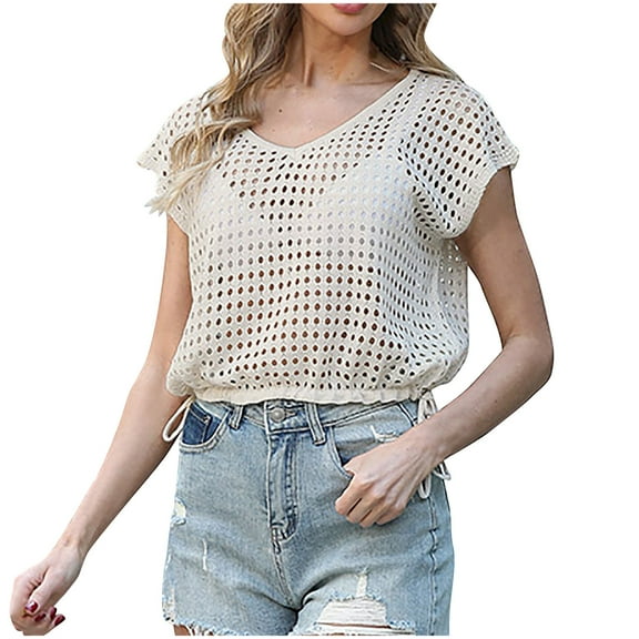Camisole Tops for Women, Women's Fashion Crochet Hollow Out Tops, Summer Beach Casual Short Sleeve Vacation Shirts Lightweight Comfy Pullover