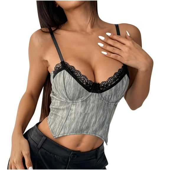 Camisole Tops for Women, Women's Lace Corset Plunge Neck Camisole Crop Top Spaghetti Strap Fashion Y2k Going Out Clothes