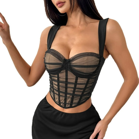 Camisole Tops for Women, Women’s Mesh Layered Cami Crop Top with Padded Wide Strap Slim Fit Summer Going Out Tanks Tops Sleeveless Shirt