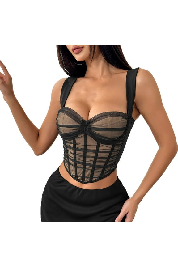 Camisole Tops for Women, Women’s Mesh Layered Cami Crop Top with Padded Wide Strap Slim Fit Summer Going Out Tanks Tops Sleeveless Shirt