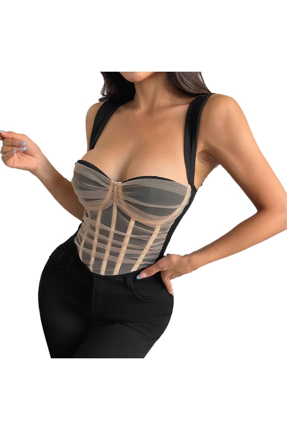 Camisole Tops for Women, Women’s Mesh Layered Cami Crop Top with Padded Wide Strap Slim Fit Summer Going Out Tanks Tops Sleeveless Shirt