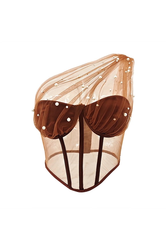 Camisole Tops for Women, Women's One Shoulder Corset Tops Pearls Tulle Sheer Sleeveless Going Out Slim Fit Crop Bustier Shirts