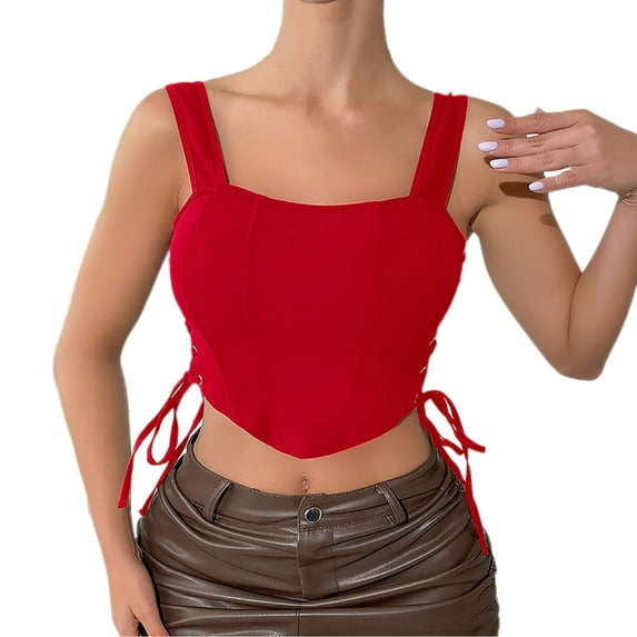 Camisole Tops for Women, Women's Vintage Laceup Side Corset Tops Push Up Camisole Going Out Sleeveless Slim Fit Crop Bustier Shirts