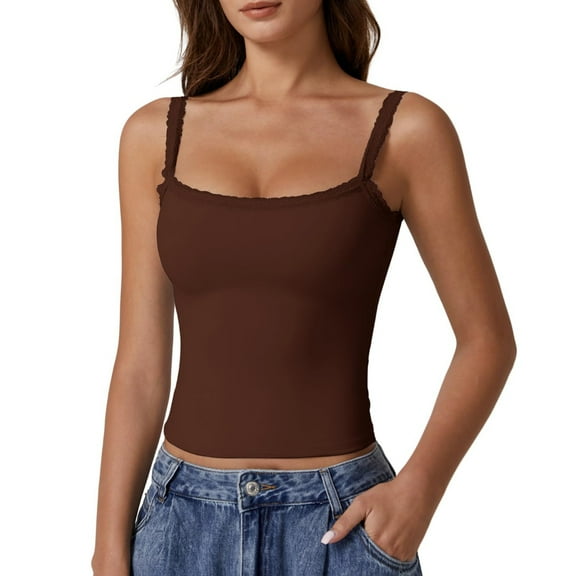 Camisole Tops for Women, Yigetop Lace Top Double Lined Tank Top Spaghetti Strap Club Shirt Square Neck Vest Lace Tank Tops for Women Coffee M