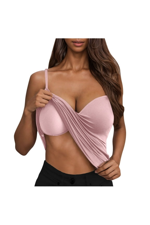 Camisole Tops with Built in Bra for Women Push Up V Neck Spaghetti Strap Tees Sleeveless Casual Summer Camis (2XL, Pink)