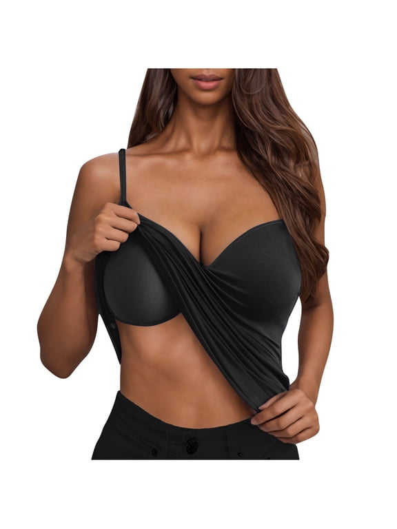 Camisole Tops with Built in Bra for Women Push Up V Neck Spaghetti Strap Tees Sleeveless Casual Summer Camis (M, Black)