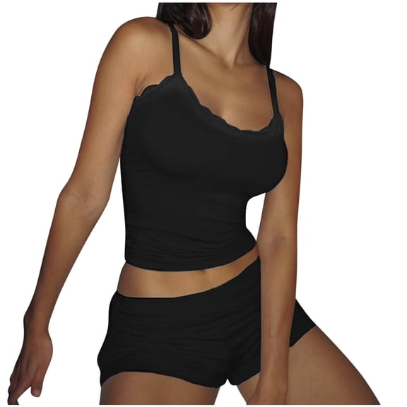 Camisole and Shorts Pajama Set Womens Soft Cotton Pajamas Sleepwear Lace Trim Cami Top Lounge Nightwear (M, Black)