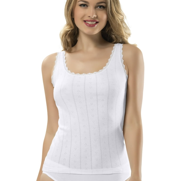 Camisole for Women, 100% Cotton, Airy Soft Comfy Lace Cami Tank Tops  Undershirt (White/Wide Strap, Small)