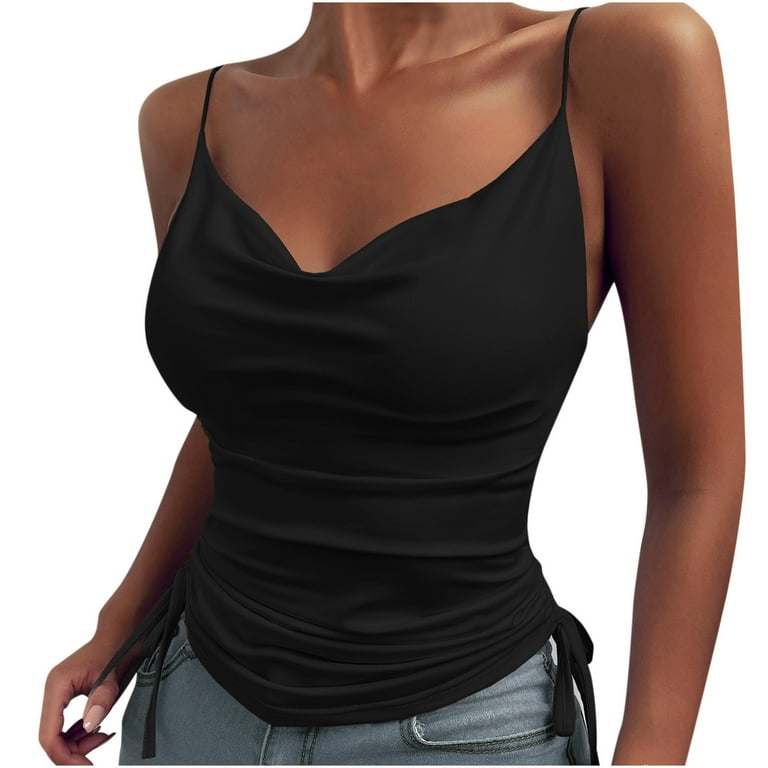 Camisole for Women Fall Fashion Solid Color Spaghetti Strap Cami V Neck Basic Tank Tops with Drawstring