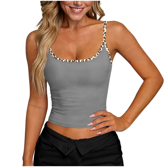Camisole for Women Scoop Neck Spaghetti Strap Casual Slim Fit Leopard Print Trim Soft Stretchy Lightweight Summer Layered Look Tank Top