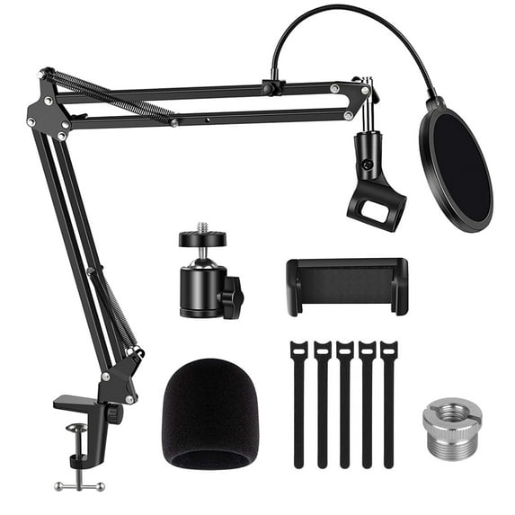 Camivile Microphone Arm Stand Adjustable Suspension Boom Scissor Mic Stand with Pop Filter 3/8" to 5/8" Adapter Ball Head Phone Clip for Blue Yeti Nano Snowball other Mics Webcam Ring Light Cellphone