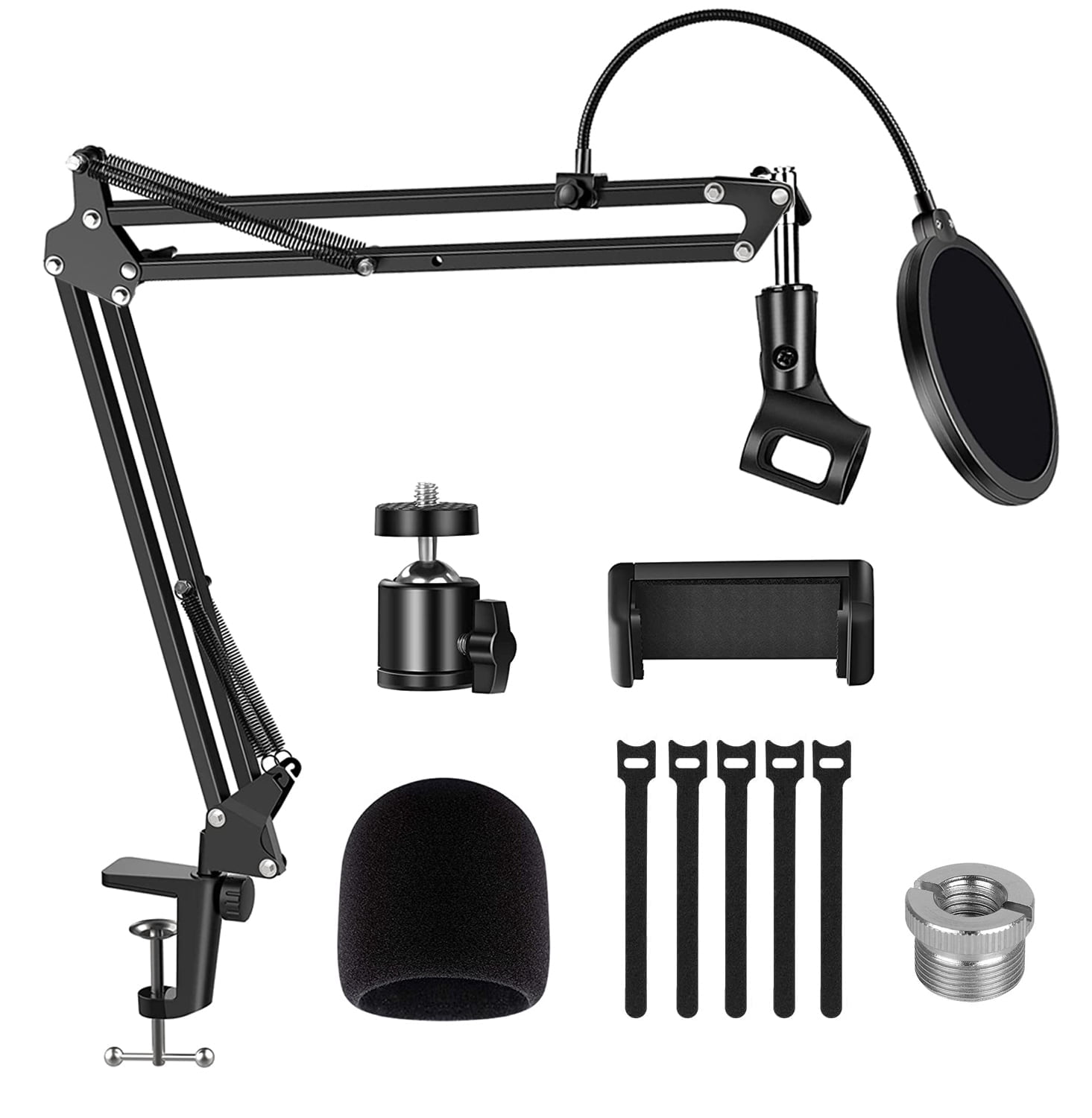 Camivile Microphone Arm Stand Adjustable Suspension Boom Scissor Mic Stand with Pop Filter 3/8" to 5/8" Adapter Ball Head Phone Clip for Blue Yeti Nano Snowball other Mics Webcam Ring Light Cellphone