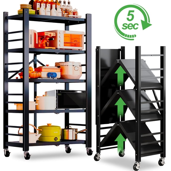 Camkey 5-Tier Heavy Duty Metal Shelving, Foldable with Wheels, No Assembly