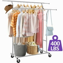 Camkey Clothes Rack for Hanging Clothes, Hat, Bag, Portable Rolling Garment Rack with Wheels, Coat Rack Supports up to 400 lbs, Silver