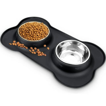 Camkey Dog Bowls, Double Dog and Cat Bowls with Anti-Overflow and Anti-Skid Food Mat, Small Dog and Cat Feeding Water and Bowls, 14.00 x 8.20 x 1.10 Inches