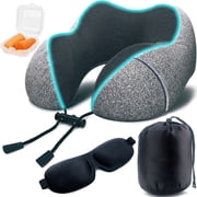 Camkey Neck Pillow, Memory Foam Travel Pillow for Airplane, Upgrade U Shaped Travel Neck Pillow with Perfect Support, 3D Contoured Eye Mask, Earplugs & Travel Bag