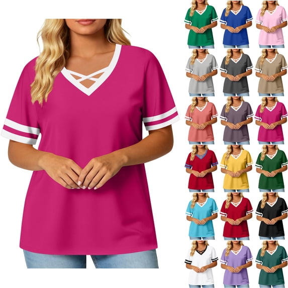 Camleand Women's Plus Size Tops Short Sleeve Tee Shirt V Neck Basic Summer Loose Fit T Shirt on Clearance
