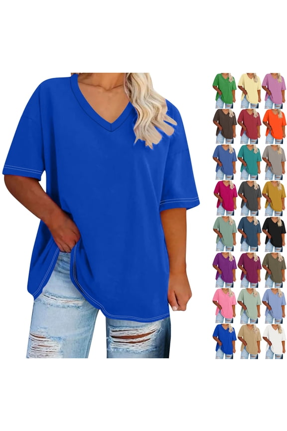 Camleand Women's Plus Size V Neck Short Sleeved Solid T Shirts Summer Half Sleeve Tees Casual Loose Fit Cotton Tunic Tops