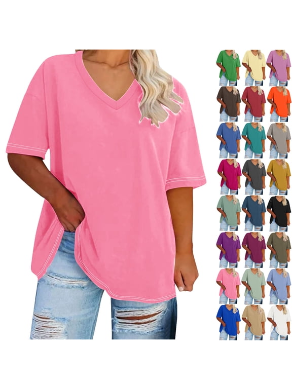 Camleand Women's Plus Size V Neck Short Sleeved Solid T Shirts Summer Half Sleeve Tees Casual Loose Fit Cotton Tunic Tops