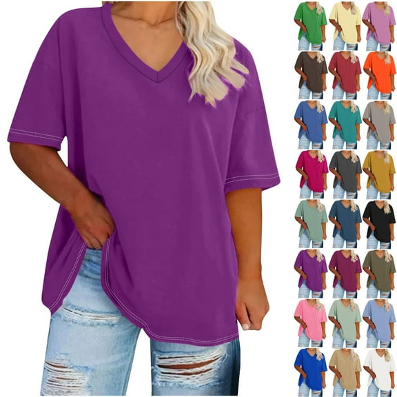 Camleand Women's Plus Size V Neck Short Sleeved Solid T Shirts Summer Half Sleeve Tees Casual Loose Fit Cotton Tunic Tops