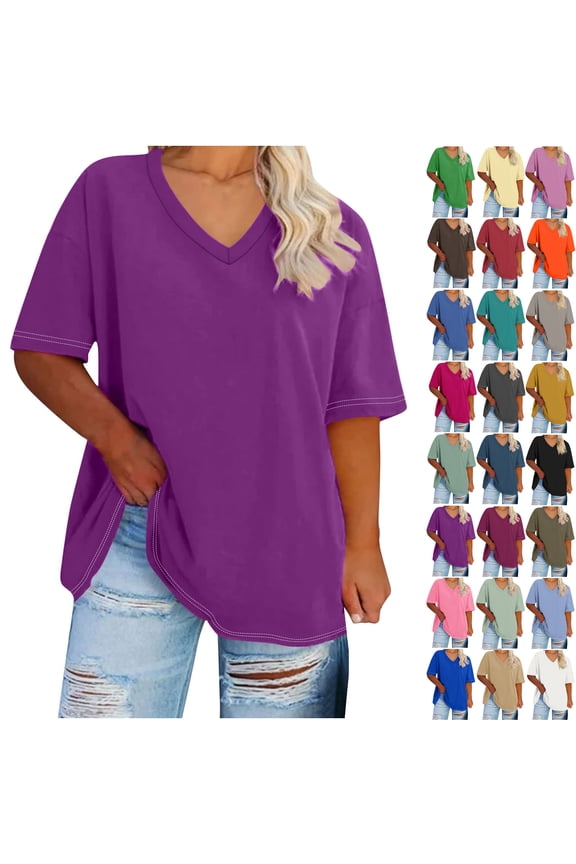 Camleand Women's Plus Size V Neck Short Sleeved Solid T Shirts Summer Half Sleeve Tees Casual Loose Fit Cotton Tunic Tops