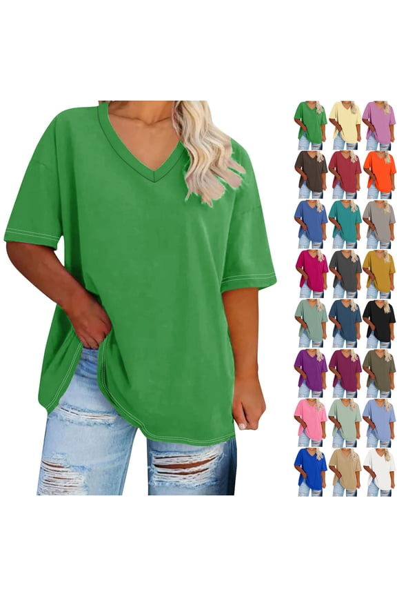 Camleand Women's Plus Size V Neck Short Sleeved Solid T Shirts Summer Half Sleeve Tees Casual Loose Fit Cotton Tunic Tops