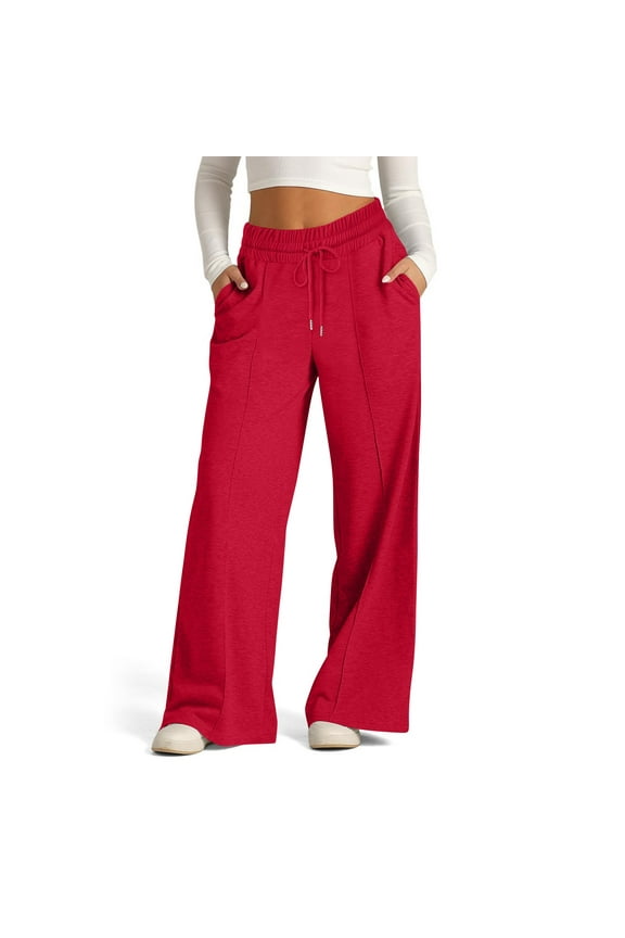 Camleand Women’s Wide Leg Sweatpants High Waisted Baggy Flared Pants Drawstring Athletic Joggers Casual Straight Solid Color Loose Casual Wide Leg Pants Red XL