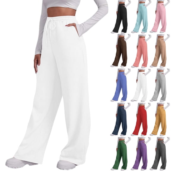 Camleand Women’s Wide Leg Sweatpants High Waisted Baggy Flared Pants Drawstring Athletic Joggers Casual Straight Solid Color Loose Casual Wide Leg Pants Green M