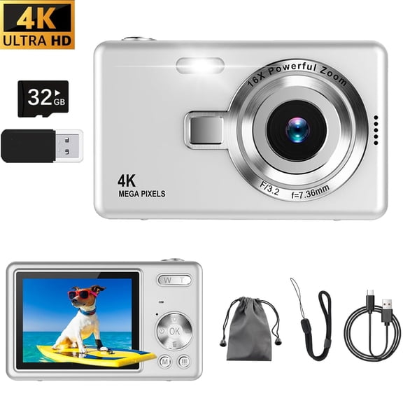 Camlekor 4K Digital Camera,48MP Resolution,16x Digital Zoom,Includes 32GB Card,Image Stabilization,Portable Compact Point-and-Shoot Digital Camera,Ideal for Teenagers and Adult Beginners,Silver