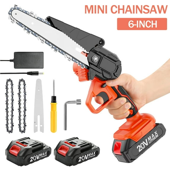 Camlekor 6-Inch Mini Chain Saw Chainsaw with 2 Batteries & LED Lights Cordless Electric Saw 20V for Wood Cutting