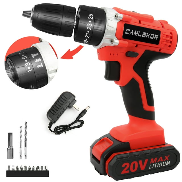 Camlekor Cordless Drill 20V, Electric Power Drill Set 3/8'' Impact Drill, 2 Variable Speeds & 25+3 Position Setting with LED Work Light
