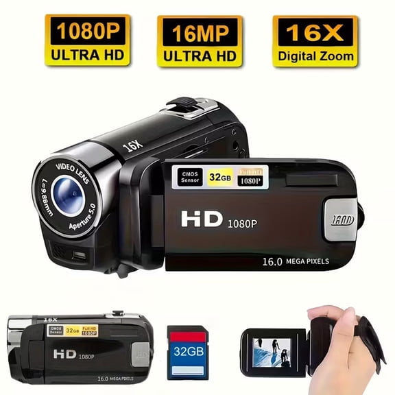 Camlekor Digital Camcorder, 1080P 16x Digital Zoom 2.7-inch Rotatable Color Display HD Handheld Camcorder for Image and Video Capture Portable Camcorder Ideal for Travel and Vlog(Black)
