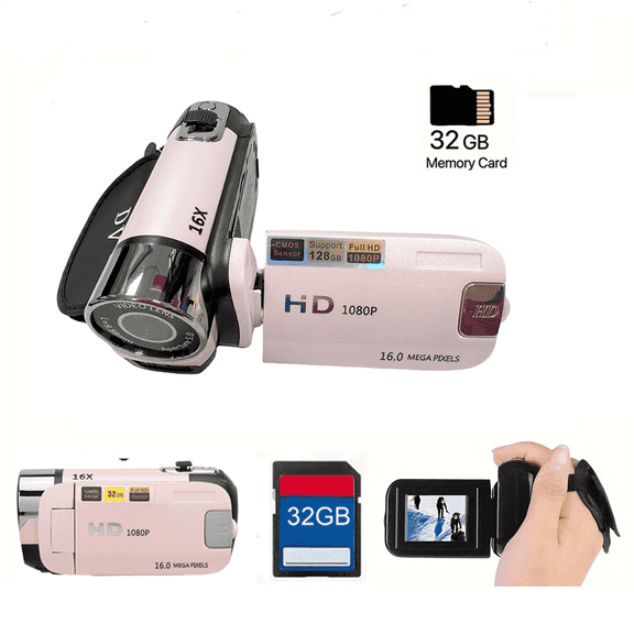 Camlekor Digital Camcorder, With 32G Card,1080P 16x Digital Zoom 2.7-inch Rotatable Color Display HD Handheld Camcorder for Image and Video Capture Portable Camcorder Ideal