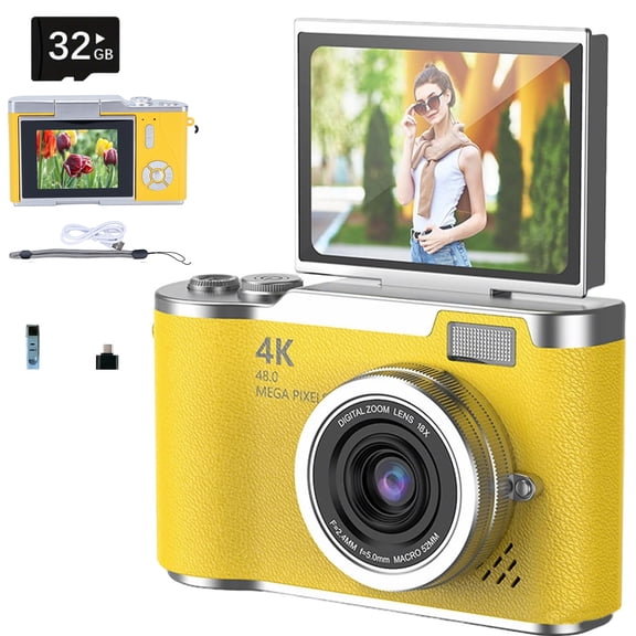 Camlekor Digital Camera, 1080P HD 48MP Point-and-Shoot Camera, 8x Digital Zoom, Featuring 2.4-inch HD Flip Screen, 32GB Memory Card, Built-in LED Flash (Yellow)